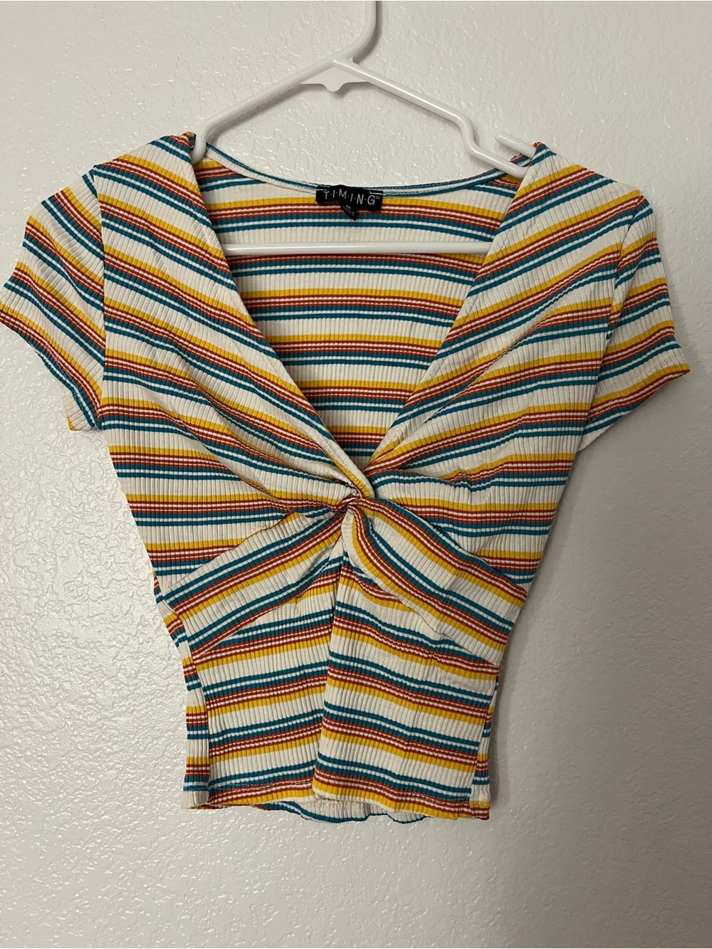 Striped Twist-Front Ribbed Top - White, Blue, Yellow, and Orange Stripes
